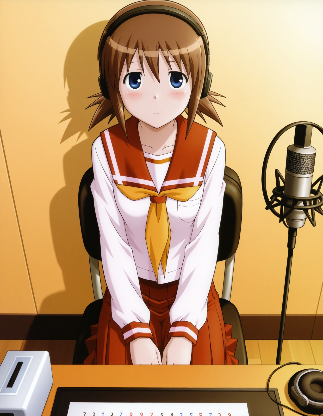 00228-390756992-1girl, kanna aoyagi, blue eyes, brown hair, serafuku, sitting, headphones, with microphone, sound record, blush, looking at view.jpg
